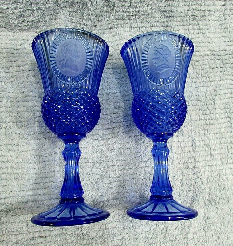 Set George and Martha Washington Vintage Blue Pattern Glass Avon Stemmed Goblets