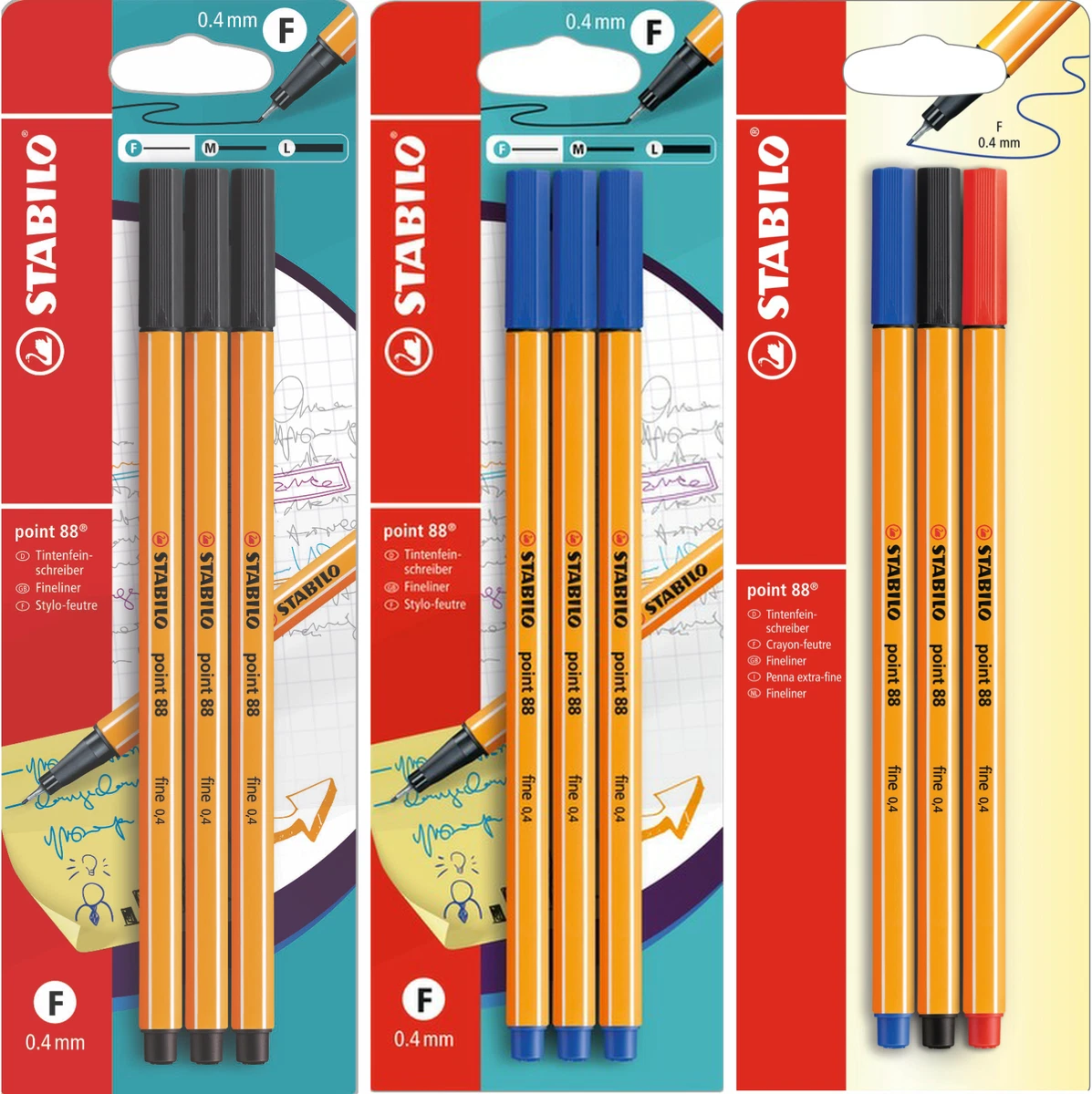 Fineliner STABILO point 88 Pack of 3 Assorted Black Blue