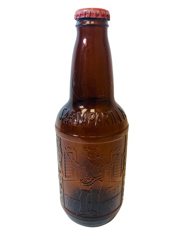 Sioux City Sarsaparilla Bottle Amber with Cowboy Old West Depiction Unopened - Picture 2 of 4