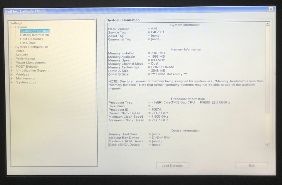 Dell Latitude E6500 Intel Core 2 Duo P9600 2.66 GHz 2 GB RAM NO HDD Boot to BIOS - Image 2 of 4