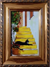 ORIGINAL Oil Painting A black cat is lying on the steps Contemporary Wall art