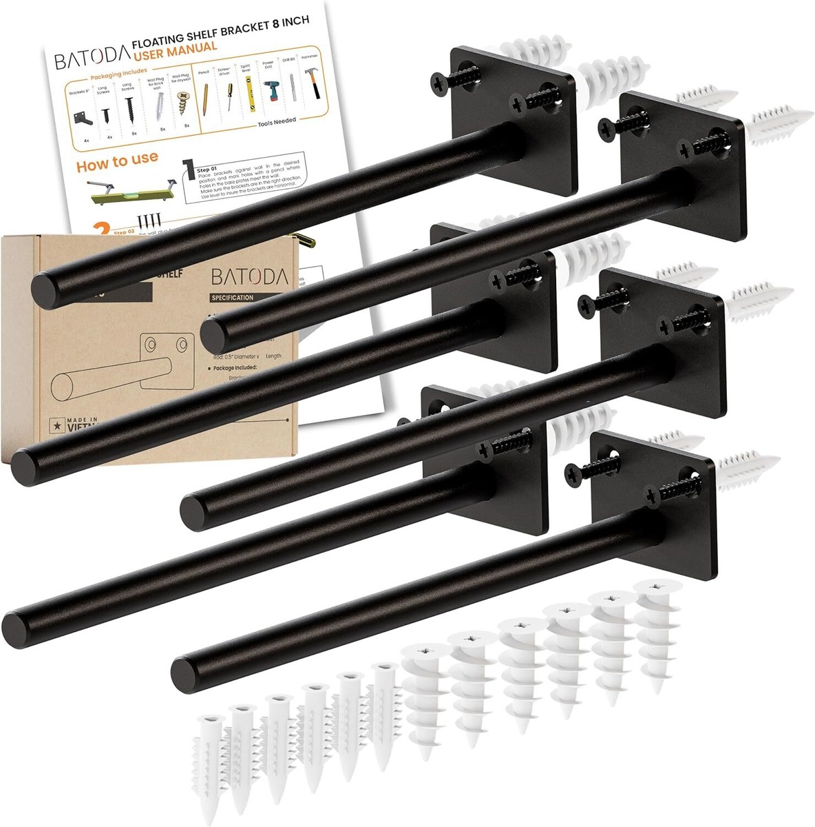 BATODA Heavy Duty Floating Shelf Brackets - 8 Pack Of 6-Inch Hidden Shelf Supports For Modern Shelving