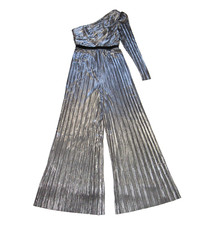 NWT BCBG MaxAzria Metallic One Shoulder Jumpsuit in Gunmetal Pleated Jumper S
