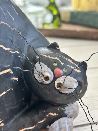Large Terracotta Black Fat Cat Figurine Green Eyes And Wire Whiskers Folk Art