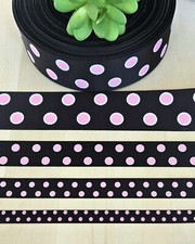 3/8, 5/8, 7/8 1.5 1 YD Black w/Pink Polka Dot Grosgrain Ribbon Barbie Bow