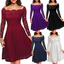 Womens Elegant Off Shoulder Long Sleeve Lace Dress Cocktail Party Ball Gown 8-18