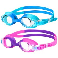 Kids Swim Goggles Anti Fog 2 Pack with Portable Case Comfortable Fit Blue Pink