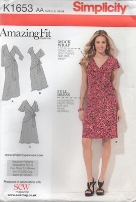 Simplicity Schnittmuster 1653 tolle Passform Kleid Attrappe Wickeloptik Größe 10 - 18 + Cups