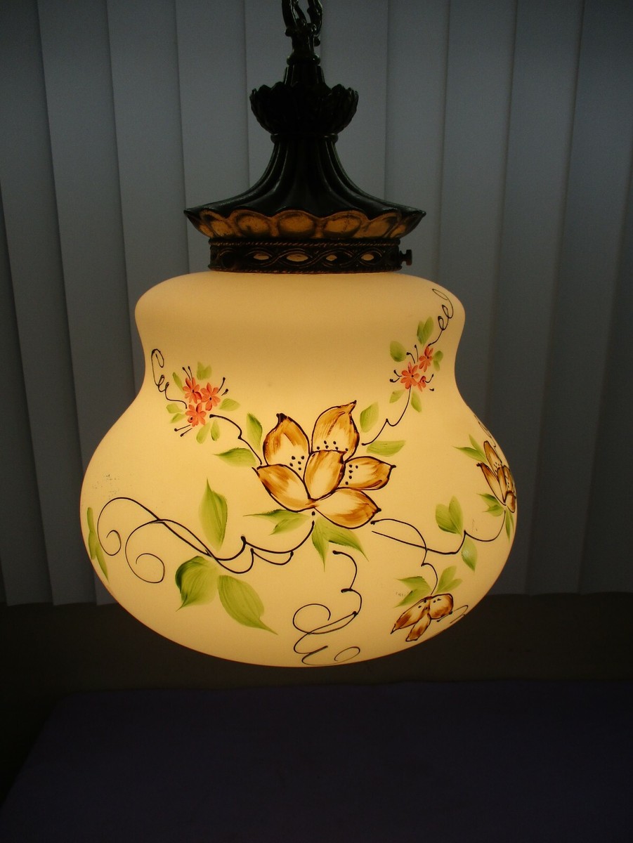 Vintage CARL FALKENSTEIN Hanging Swag Lamp Light Floral Globe MID