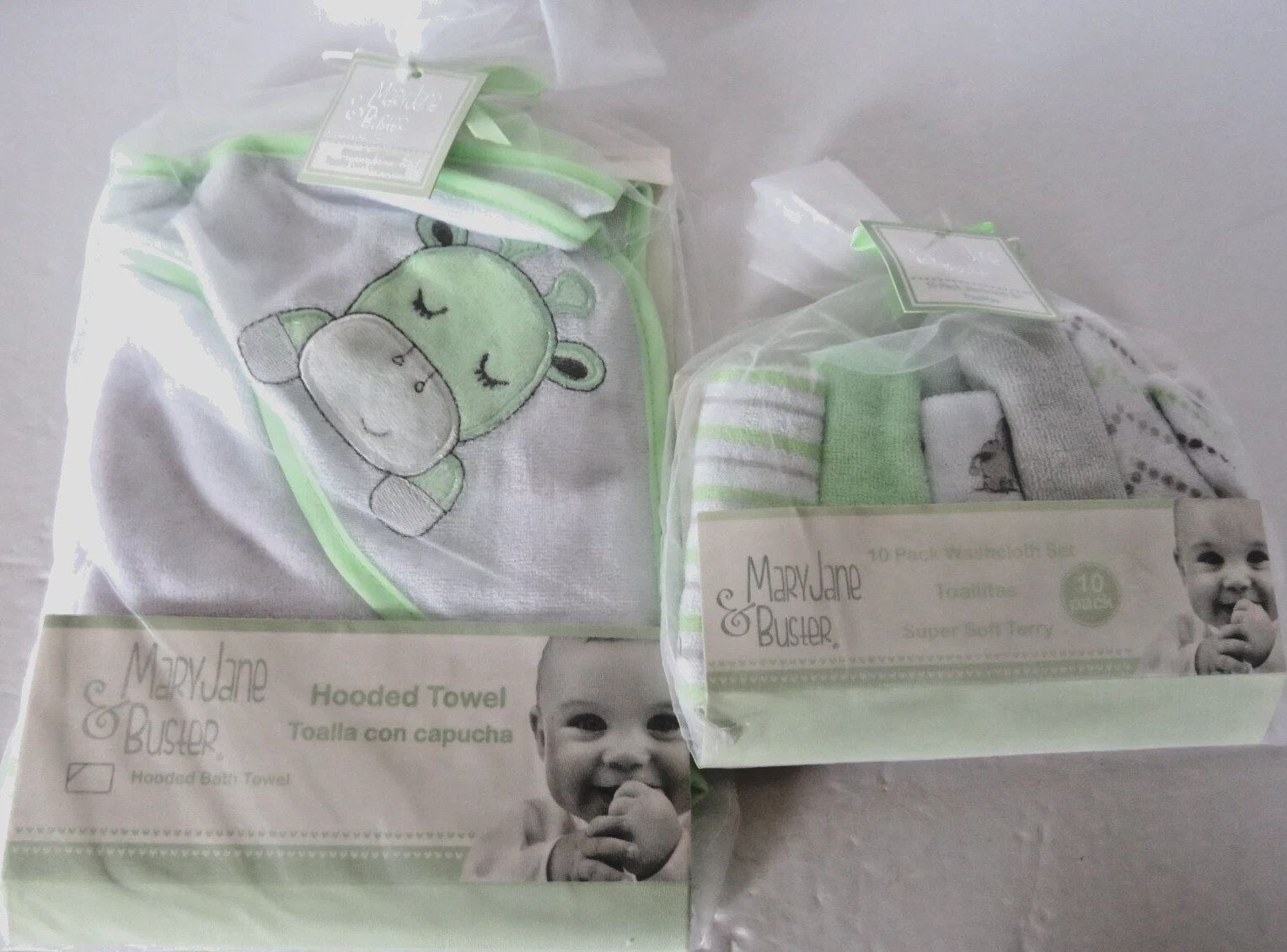 Mary Jane Buster Baby Washcloths (10) Hooded Bath Towel Giraffe Green Gray Gift