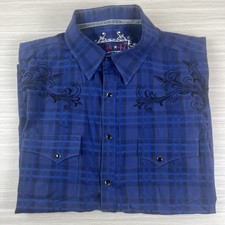 Rock 47 Wrangler Embroidered Shirt Mens Large Blue Plaid Pearl Snap Short Sleeve