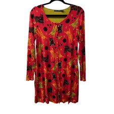 Gudrun Sjoden Cat Print Dress, Size Medium, Tomato Red Multicolor Button Front