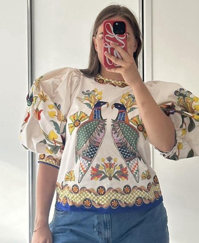 Alemais Effie Top Size AU 12 / US 8 Puff Sleeve Shirt Floral Bird Blouse RARE - Foto 2 di 8