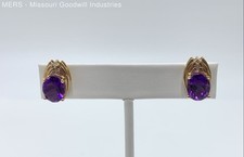 Vintage 14K Yellow Gold Amethyst Diamond Accent Stud Earrings Oval Cut 4.4g