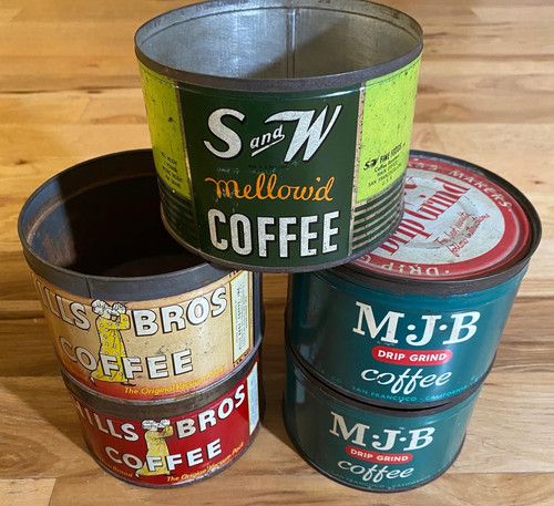 Vintage Lot of 5 Hills Bros S&W MJB Coffee Cans Advertising Tin Can Rustic Farm