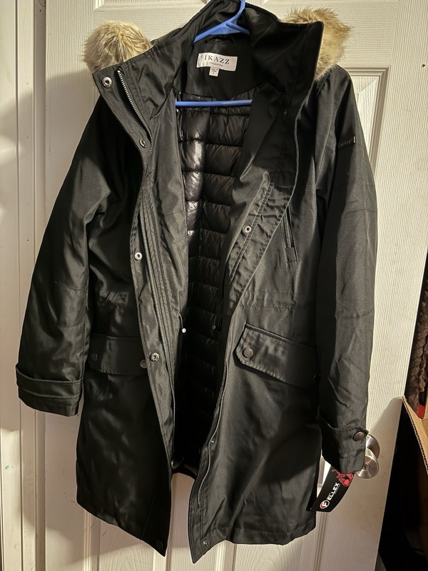 IKAZZ Collection Women’s Parka Coat Black Faux Fur Hood Fellex Vegan L NWT