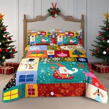 Merry Christmas Patchwork Green Quilt Set King- Santa Claus Gift Snowman Chec...