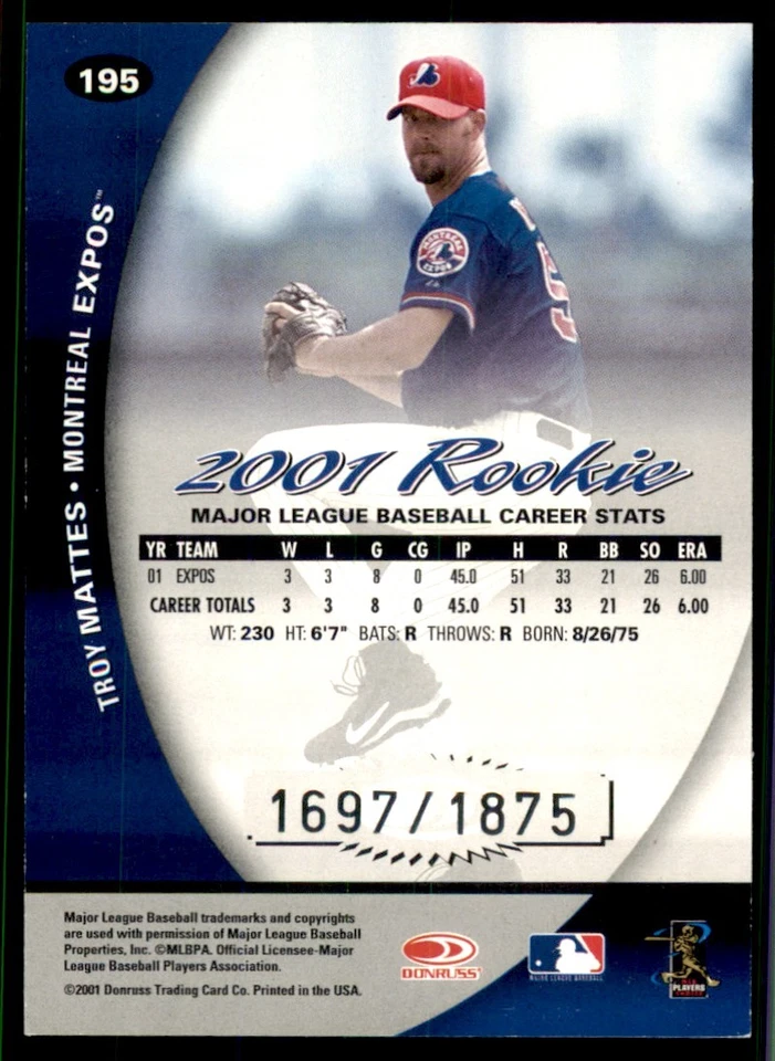 2001 Donruss Class of #195 Troy Mattes Rookie Expos /1875 - Image 2 of 2