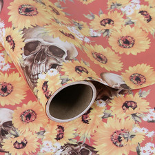Orange Skull Floral Wrapping Paper Roll 17 in x10ft, Horror Gothic Halloween Wra