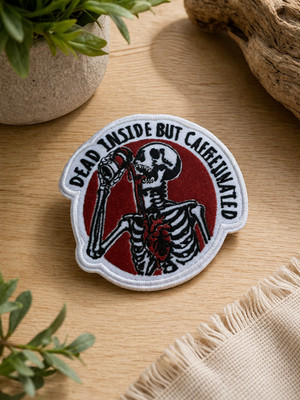 Dead Inside But Caffeinated Skeleton Patch Iron-On Funny Applique