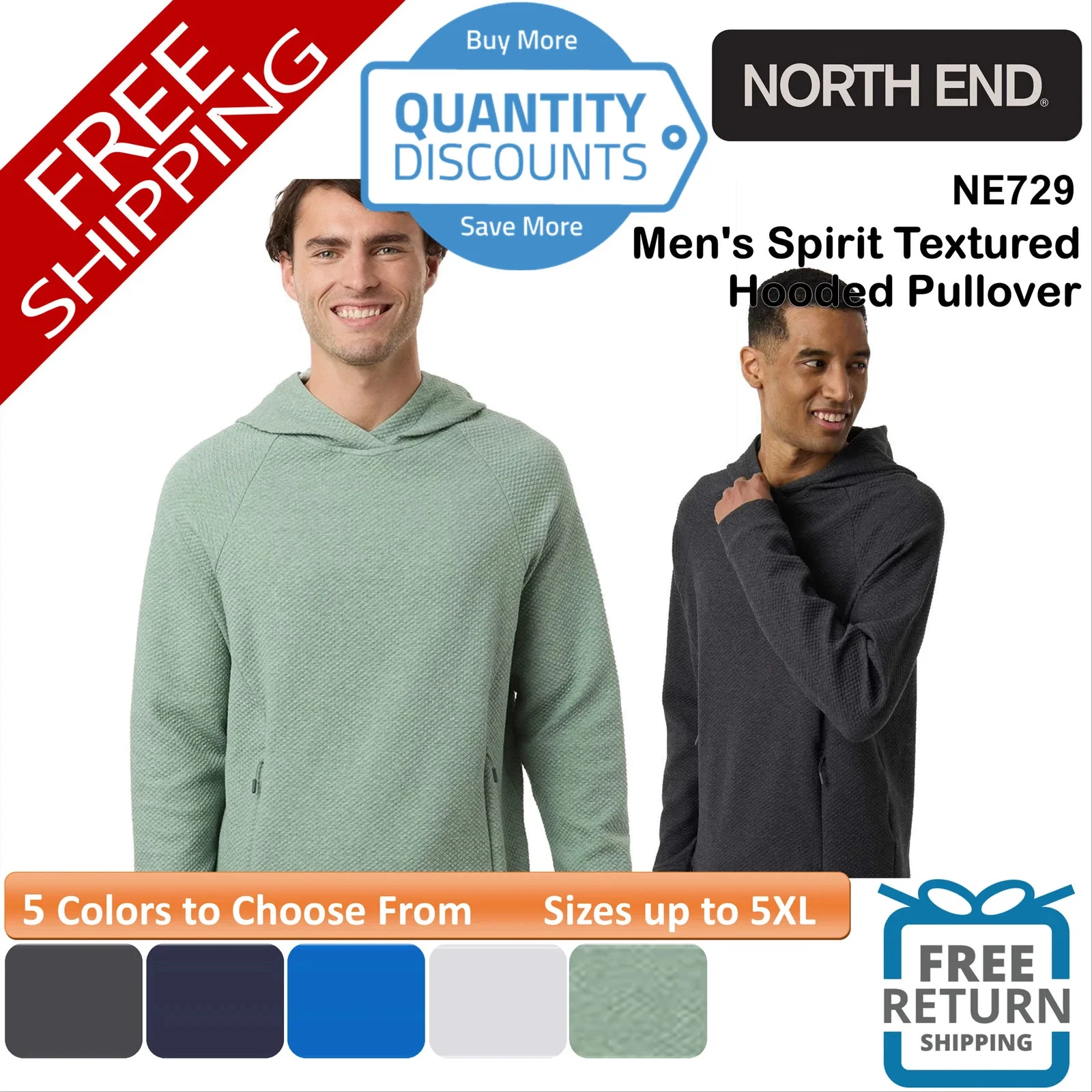 🔥 North End Men's Spirit Textured Hooded Pullover pocket Up To 5XL NE729