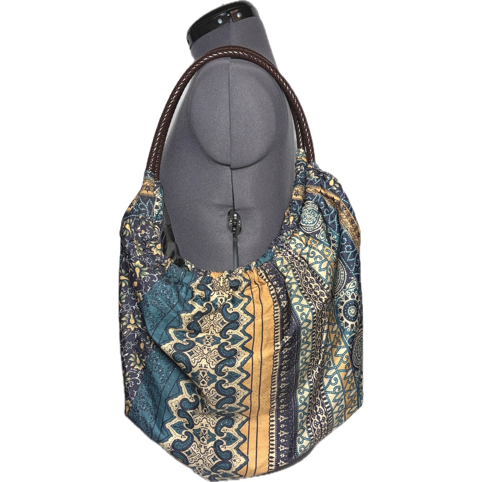 Vintage Y2K Boho Paisley Patchwork Hobo Bag  Blue Gold Slouchy Tote Shoulder Bag