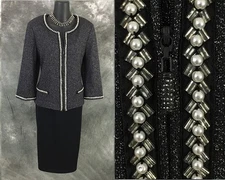 NEW BEAUTIFUL St John knit 2pc black shimmer pearl embellished jacket top L 12