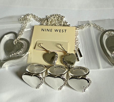 Nine West Signed Silver Tone Heart Jewelry Lot 3 Rings 2 Necklaces Earrings