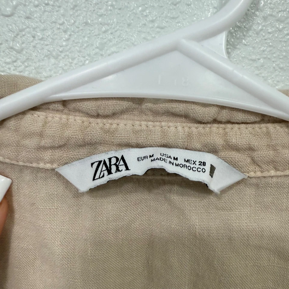 Camisa Top Zara Para Mujer Mediana Beige Mezcla de Lino Recortada con Botones Foto 3 de 4