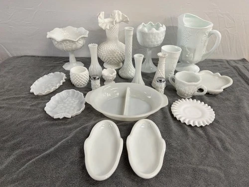 Vintage Milk White Glass Dishware & Decor Set 20-Piece Embossed Floral Patterns