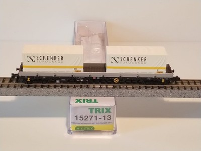 DB MINITRIX 15271-13 ''SCHENKER'' 2 CONTAINER FLATBED WAGON (D449)