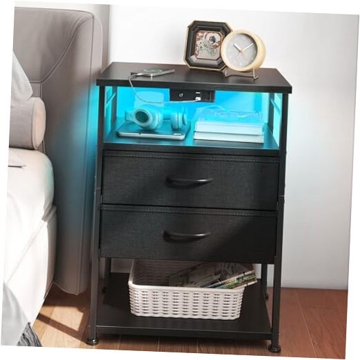 Tall Nightstand with Charging Station for Bedroom End Table with Storage