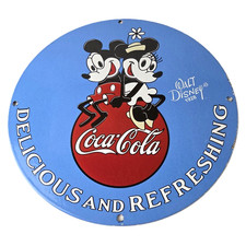 Vintage Coca Cola Sign - Mickey Mouse Refreshing Soda Gas Porcelain Disney Sign