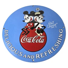 Vintage Coca Cola Sign - Mickey Mouse Refreshing Soda Gas Porcelain Disney Sign