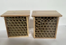 Pair Mason Bee Houses w-Slant Roofs. Attract pollinators to yard or garden Wood