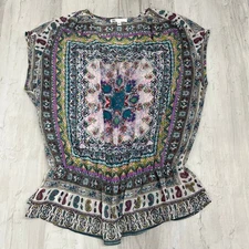 DR2 Sheer Colorful Geometric Pattern Lightweight V Neck Sleeveless Blouse Large