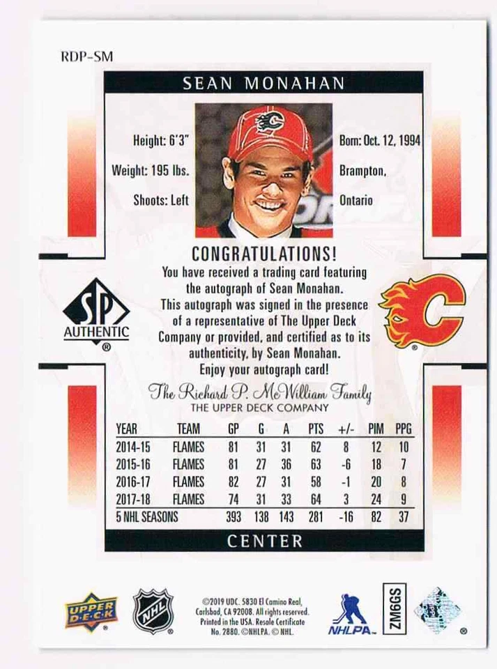 2018-19 SP AUTHENTIC RETRO DRAFT PICKS SEAN MONAHAN AUTO CALGARY FLAMES #RDP-SM - Image 2 of 2
