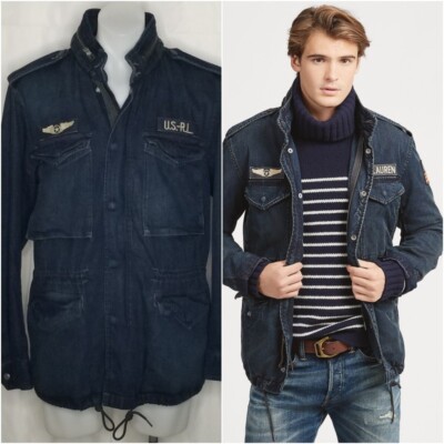 Polo Ralph Lauren Mens Denim Hooded Military Field Patch Jacket