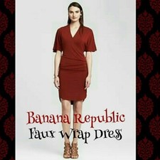 NWT Banana Republic Shirred Faux Wrap Dress in Rust, Size Medium