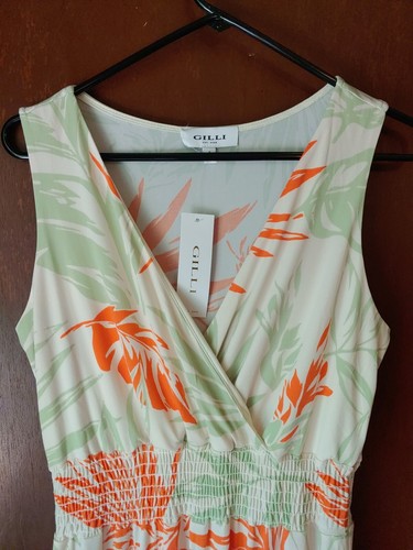 Gilli Sleeveless White Green Orange Tropical Print Side Slit S Maxi Sundress - Picture 5 of 8