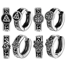 Men's Viking Celtic Knot Rune Huggie Hoop Earrings Wolf Valknut Amulet Ear Studs