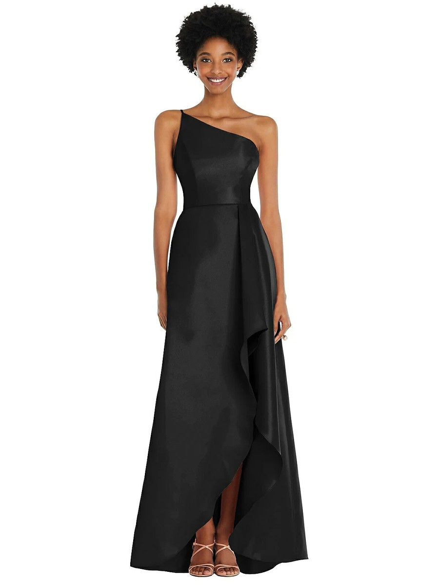 Alfred Sung Black One Shoulder Satin Gown Size 14 $252 D831