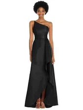 Alfred Sung Black One Shoulder Satin Gown Size 14 $252 D831