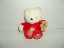 vintage dakin white teddy bear with red outfit holding brown bear plush 6" tall