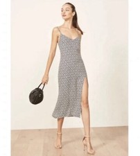 Reformation Navy Floral Print Crimini Daisy High Slit Slip Dress Sz 2 Excellent