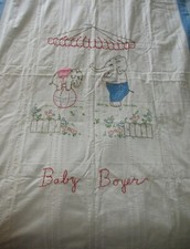 Vintage Handmade Embroidered White Seersucker Baby Crib Blanket Sheet Bedspread