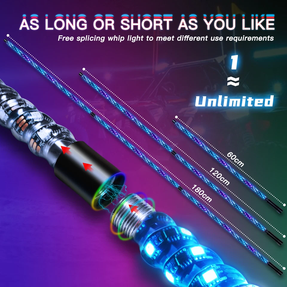 2X 4FT RGB LED Spiral Chasing Whip Light Motorcycle Remote Control ATV Off Road - Image 4 of 4