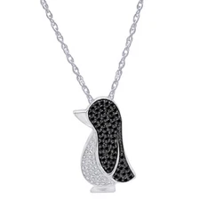Penguin Black & White Simulated Diamond Pendant Sterling Silver 925