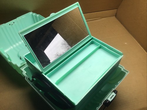90s Sassaby Aqua Green Make Up Box Expandable 3 Tiers Mirror Train Case - Picture 8 of 16
