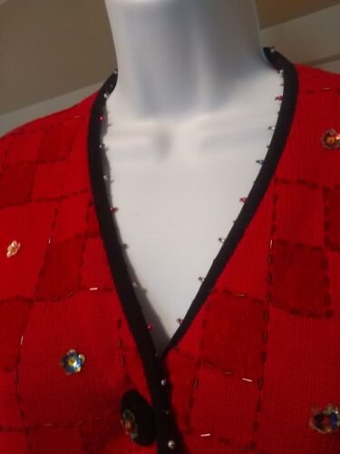 Berek By Takako Red Teacher Black Beaded sequin button M Knit Christmas Cardigan - Picture 2 of 12
